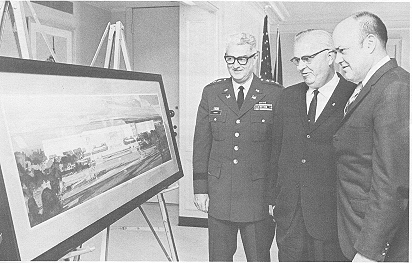 Architect’s Sketch of Pentagon Back After 28 Years-Secretary of Defense Melvin R. Laird (right) by Lt. General William F. Casidy, Chief of the Army Corps of Engineers with B.H. Knobla, Architect in the Office of the Chief of Engineers who assisted in the design of the Pentagon.  113 KB